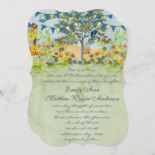 Enchanted Forest Blauwgroen Love Bird Wedding Invi Kaart (Voorkant / Achterkant)