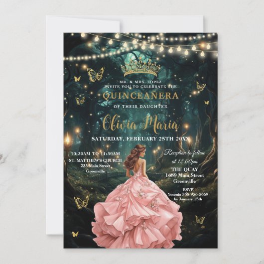 Enchanted Forest Blush Roze Jurk Quinceañera 16 Kaart (Voorkant)