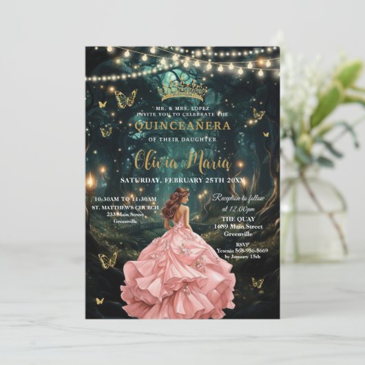 Enchanted Forest Blush Roze Jurk Quinceañera 16 Kaart (Staand voorkant)