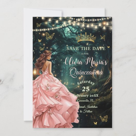 Enchanted Forest Blush roze jurk Quinceañera Save The Date (Voorkant)