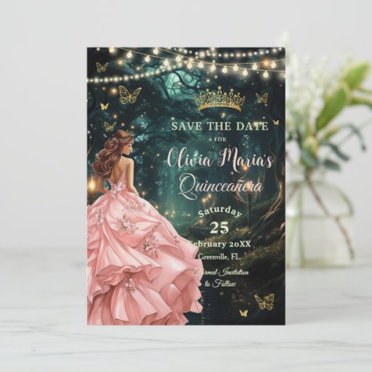 Enchanted Forest Blush roze jurk Quinceañera Save The Date (Staand voorkant)