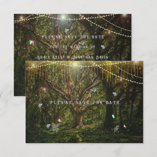Enchanted Forest Butterflies Gold Lights Save The Date (Voorkant / Achterkant)