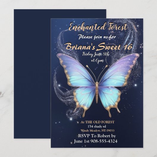 Enchanted Forest Butterfly Sweet 16 uitnodigingen (Voorkant / Achterkant)