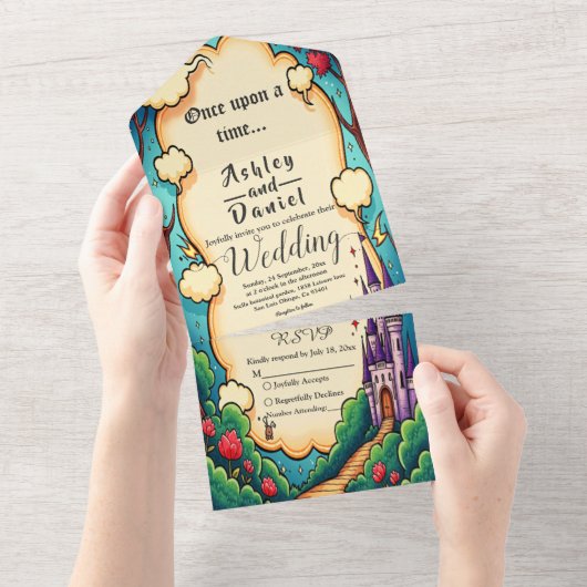 Enchanted Forest Castle Woodland Sprookjeshuwelijk All In One Uitnodiging (Afscheurbaar)