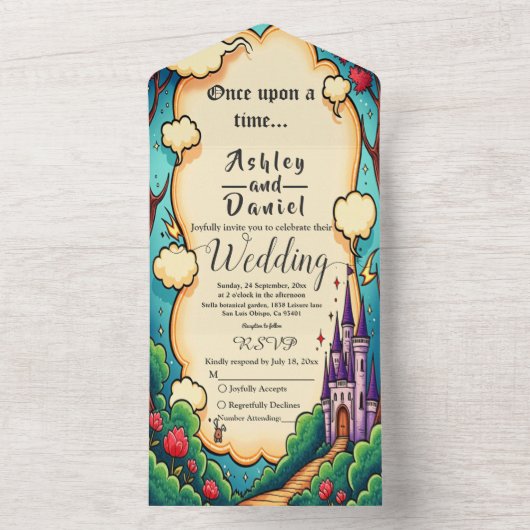 Enchanted Forest Castle Woodland Sprookjeshuwelijk All In One Uitnodiging (Binnen)