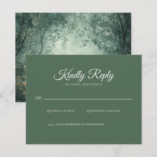 Enchanted Forest Dark Green Wedding RSVP Kaartje (Voorkant / Achterkant)