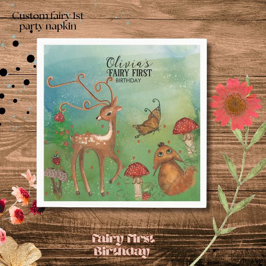 Enchanted Forest Deer & Fox Fairy Eerste Verjaarda Servet