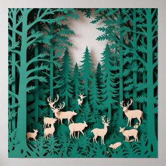 Enchanted Forest Deer - Papier gesneden kunst Wood Poster