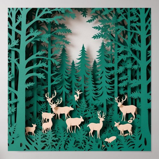 Enchanted Forest Deer - Papier gesneden kunst Wood Poster (Voorkant)