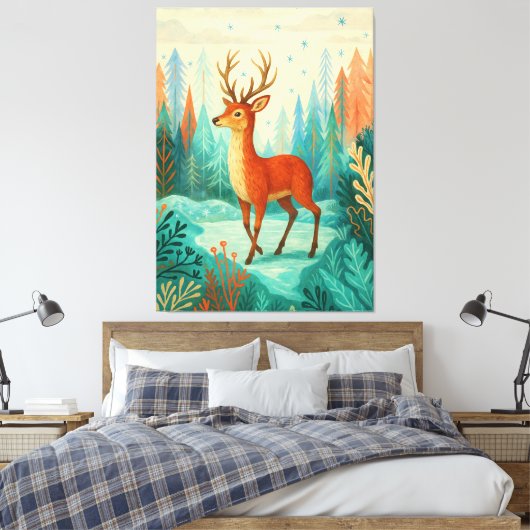 Enchanted Forest Deer – Whimsical Winter Woodland Canvas Afdruk (Insitu (Slaapkamer))