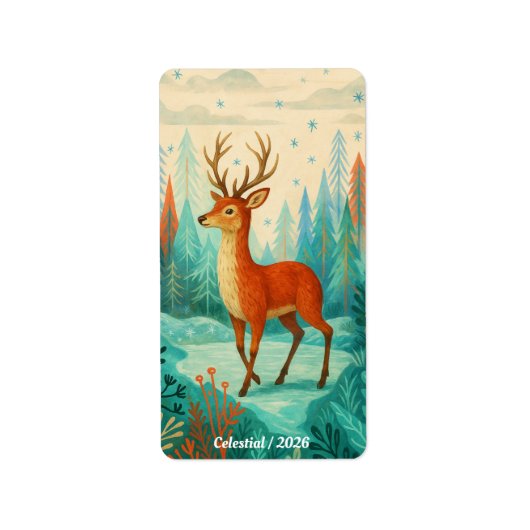Enchanted Forest Deer – Whimsical Winter Woodland Etiket (Voorkant)