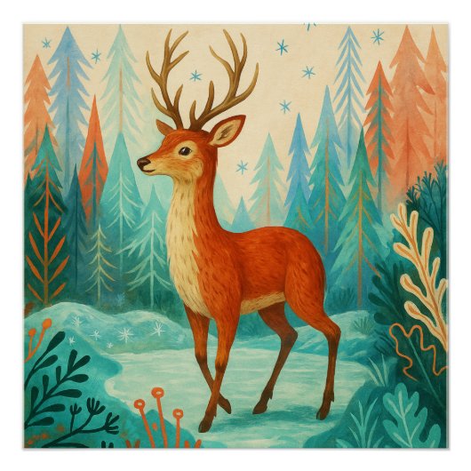 Enchanted Forest Deer – Whimsical Winter Woodland Perfect Poster (Voorkant)