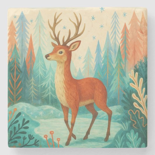 Enchanted Forest Deer – Whimsical Winter Woodland Stenen Onderzetter (Voorkant)