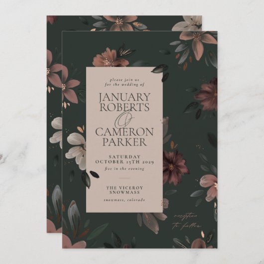 Enchanted Forest Donkergroen Bloemen Bruiloft Uitn Kaart (Voorkant / Achterkant)