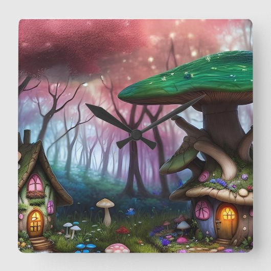 Enchanted Forest Dreamscape Paddenstoel Fantasy Fa Vierkante Klok (Voorkant)