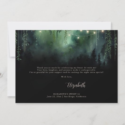 Enchanted Forest Emerald Floral Fairy Sweet 16 Bedankkaart (Achterkant)