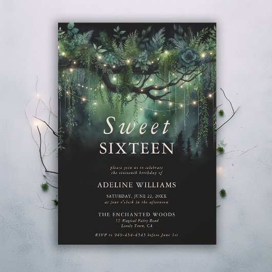 Enchanted Forest Emerald Floral Fairy Sweet 16 Kaart