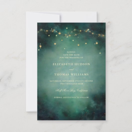 Enchanted Forest Emerald Gold Fairy Lights Wedding Save The Date (Voorkant)