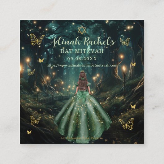 Enchanted Forest Emerald Green Bat Mitzvah QR RSVP Informatiekaartje (Achterkant)