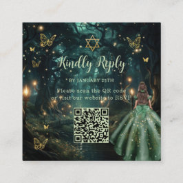 Enchanted Forest Emerald Green Bat Mitzvah QR RSVP Informatiekaartje