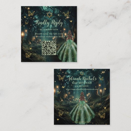Enchanted Forest Emerald Green Bat Mitzvah QR RSVP Informatiekaartje (Voorkant / Achterkant)