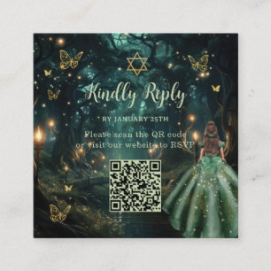 Enchanted Forest Emerald Green Bat Mitzvah QR RSVP Informatiekaartje