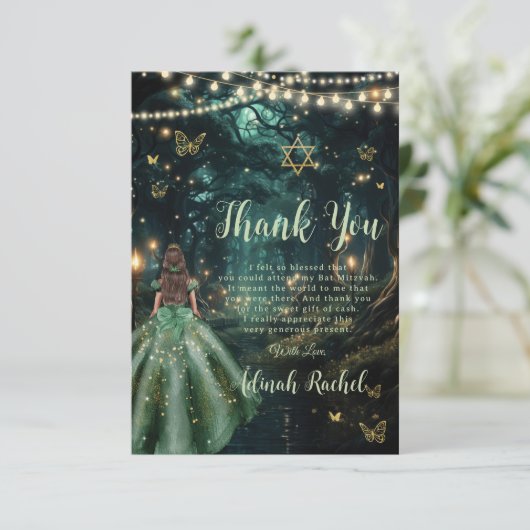 Enchanted Forest Emerald Green Dress Bat Mitzvah Bedankkaart (Staand voorkant)