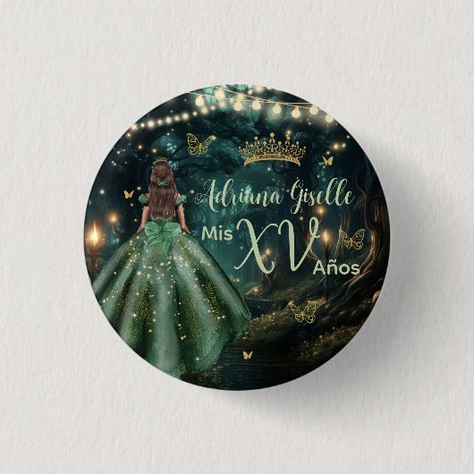 Enchanted Forest Emerald Green Quinceañera 16e Ronde Button 3,2 Cm (Voorkant)