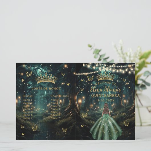 Enchanted Forest Emerald Green Quinceanera-program (Staand voorkant)