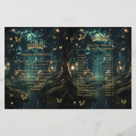 Enchanted Forest Emerald Green Quinceanera-program (Achterkant)