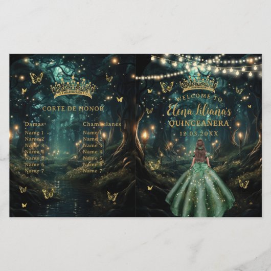 Enchanted Forest Emerald Green Quinceanera-program (Voorkant)
