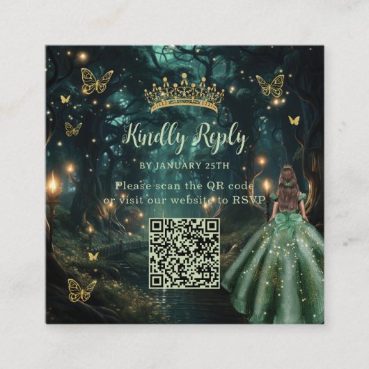 Enchanted Forest Emerald Green Quinceañera QR RSVP Informatiekaartje (Voorkant)