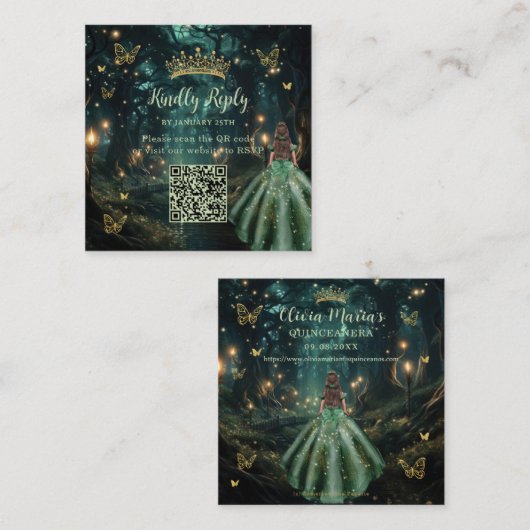 Enchanted Forest Emerald Green Quinceañera QR RSVP Informatiekaartje (Voorkant / Achterkant)