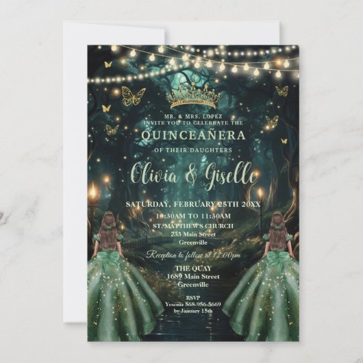 Enchanted Forest Emerald Green Twins Quinceañera Kaart (Voorkant)