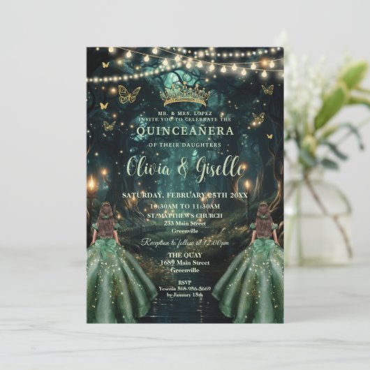 Enchanted Forest Emerald Green Twins Quinceañera Kaart (Staand voorkant)
