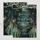 Enchanted Forest Emerald Green Twins Quinceañera Kaart (Voorkant / Achterkant)