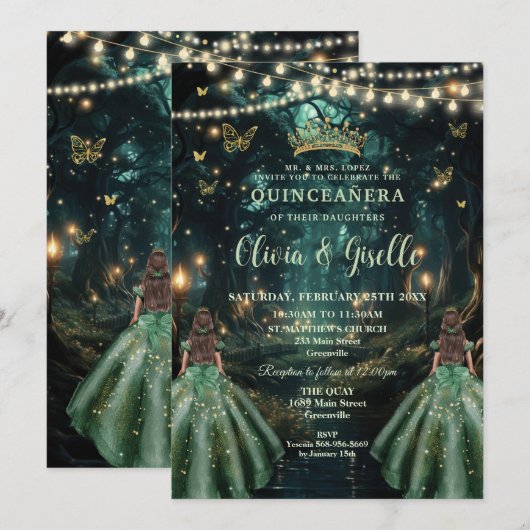 Enchanted Forest Emerald Green Twins Quinceañera Kaart (Voorkant / Achterkant)