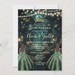Enchanted Forest Emerald Green Twins Quinceañera Kaart