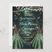 Enchanted Forest Emerald Green Twins Quinceañera Save The Date (Voorkant)