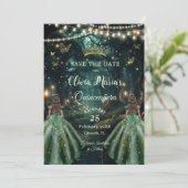 Enchanted Forest Emerald Green Twins Quinceañera Save The Date (Staand voorkant)