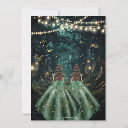 Enchanted Forest Emerald Green Twins Quinceañera Save The Date (Achterkant)