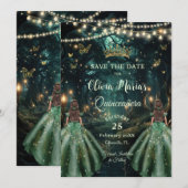 Enchanted Forest Emerald Green Twins Quinceañera Save The Date (Voorkant / Achterkant)