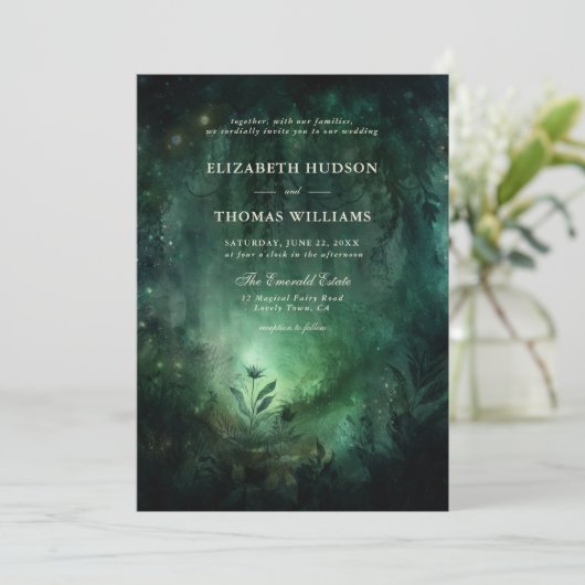 Enchanted Forest Emerald Groen Elegant Bruiloft Kaart (Staand voorkant)