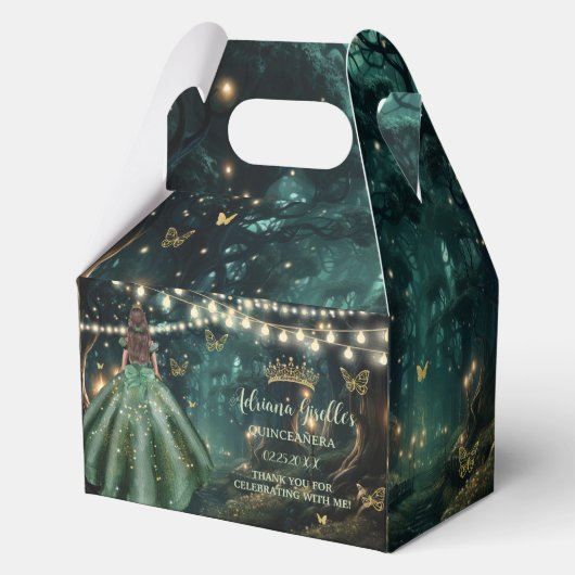 Enchanted Forest Emerald Groene Jurk Quinceañera Bedankdoosjes (Voorkant)