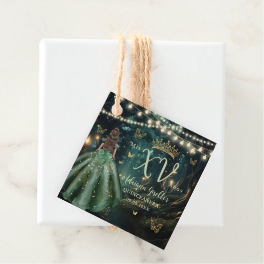 Enchanted Forest Emerald Groene Jurk Quinceañera Bedankjes Labels (In situ)