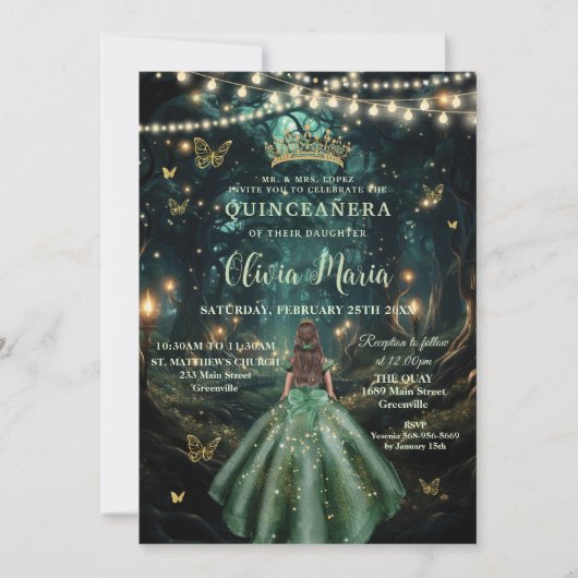 Enchanted Forest Emerald Groene Jurk Quinceañera Kaart (Voorkant)