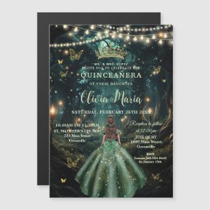 Enchanted Forest Emerald Groene Jurk Quinceañera Magnetische Uitnodiging