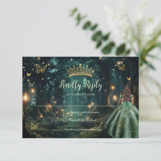 Enchanted Forest Emerald Groene Jurk Quinceañera RSVP Kaartje (Staand voorkant)
