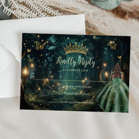 Enchanted Forest Emerald Groene Jurk Quinceañera RSVP Kaartje
