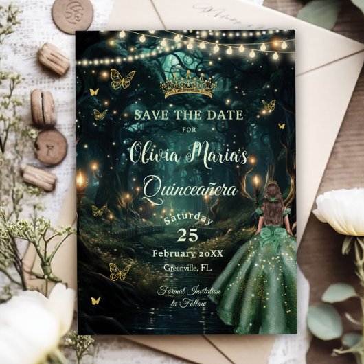 Enchanted Forest Emerald Groene Jurk Quinceañera Save The Date